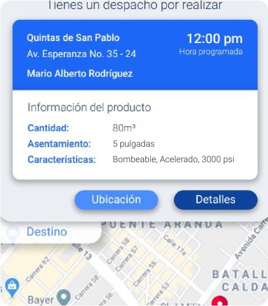 App de Concreto 4.0: despacho programado con información del producto
